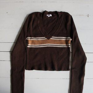 Espresso Brown V-Neck Cropped Long Sleeve Striped Top